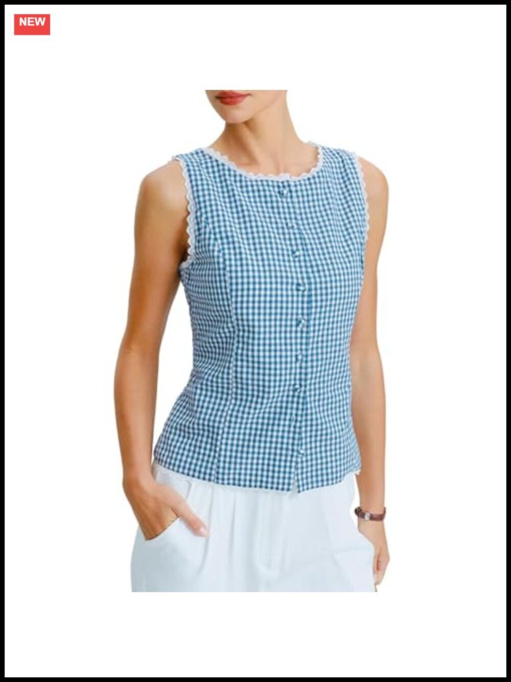 Plaid Button Tank Top Lace Trim Slim Fit Cotton Sleeveless Y2K Vest